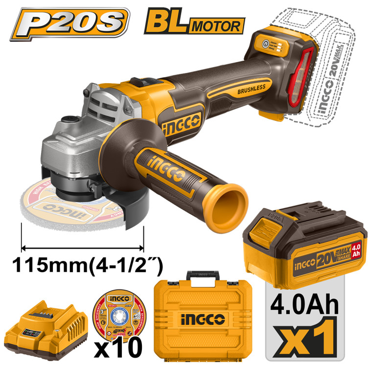 УШМ INGCO d115мм 3000-9000 об/мин,Б/Щ, аккумуляторная 20В, АКБ 4.0 Ah. з/у INDUSTRIAL CAGLI211541
