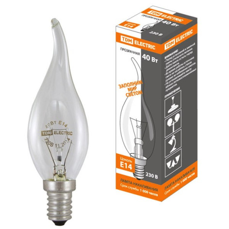 Лампа накаливания  Е14 40Вт Свеча на ветру прозрачная 230В TDM