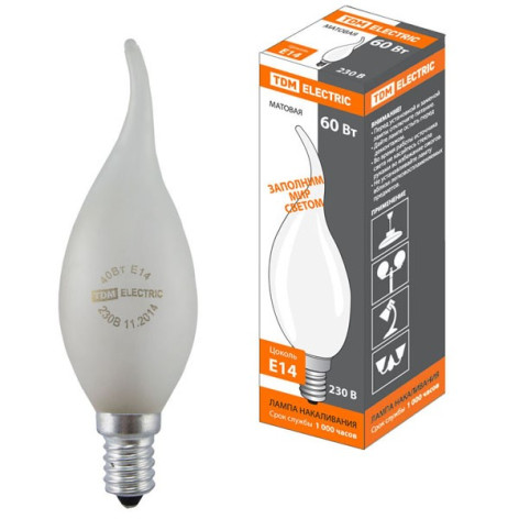 Лампа накаливания  Е14 60Вт Свеча на ветру матовая 230В TDM