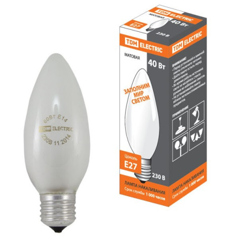 Лампа накаливания  Е27 40Вт Свеча матовая 230 В TDM