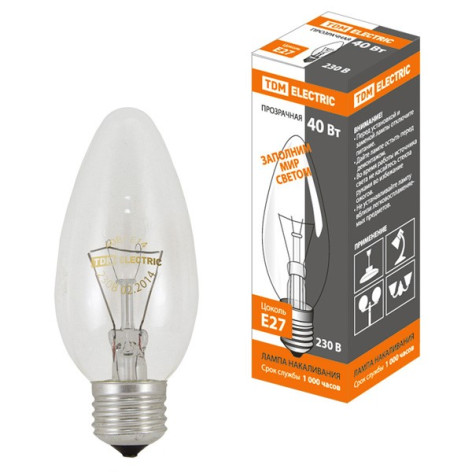 Лампа накаливания  Е27 40Вт Свеча прозрачная 230 В TDM