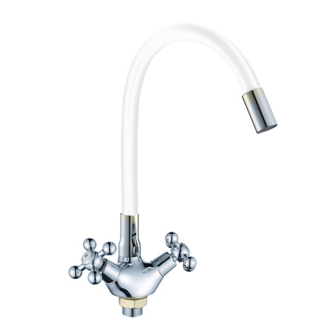 Смеситель DIKALAN для кухни под гайку гибкий излив, махов. крест Без подводки (12) D3009 белый