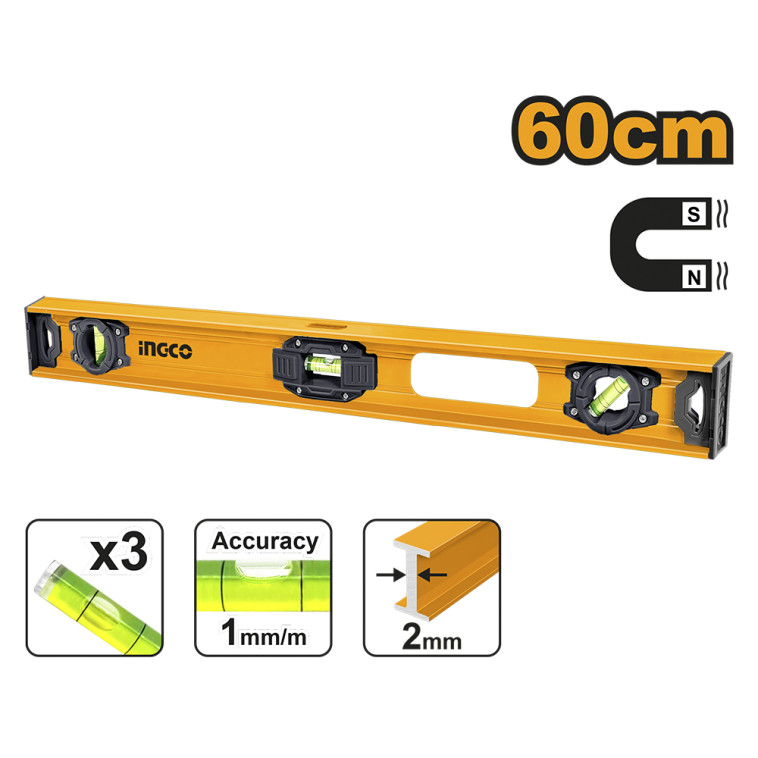 Уровень  600мм алюм. 3 глазка, магнитный  INGCO HSL28060