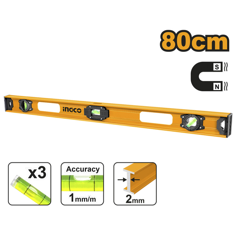 Уровень  800мм алюм. 3 глазка. магнитный  INGCO HSL28080