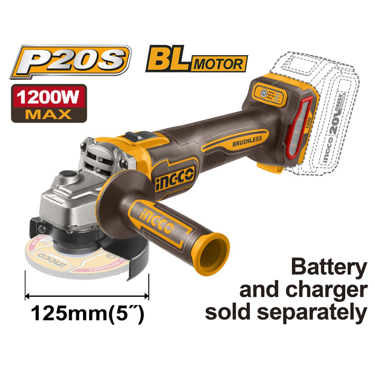 УШМ INGCO d125мм 3000/6000/9000 об/мин.БЩ 1200W. аккумуляторная 20В, без АКБ, INDUSTRIAL CAGLI221253