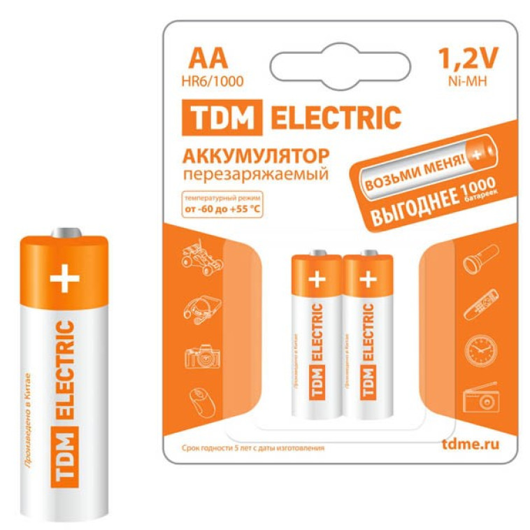 Батарейка AA Пальчиковая 1,5V NiMh аккумуляторная 2500mAh (блистер 2шт) (2/20/240) TDM