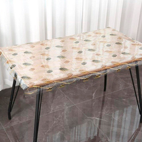 Клеенка силиконовая 1,0*20 м 0,6 мм прозрачный с листочками кружочками зел-зол Baizheng