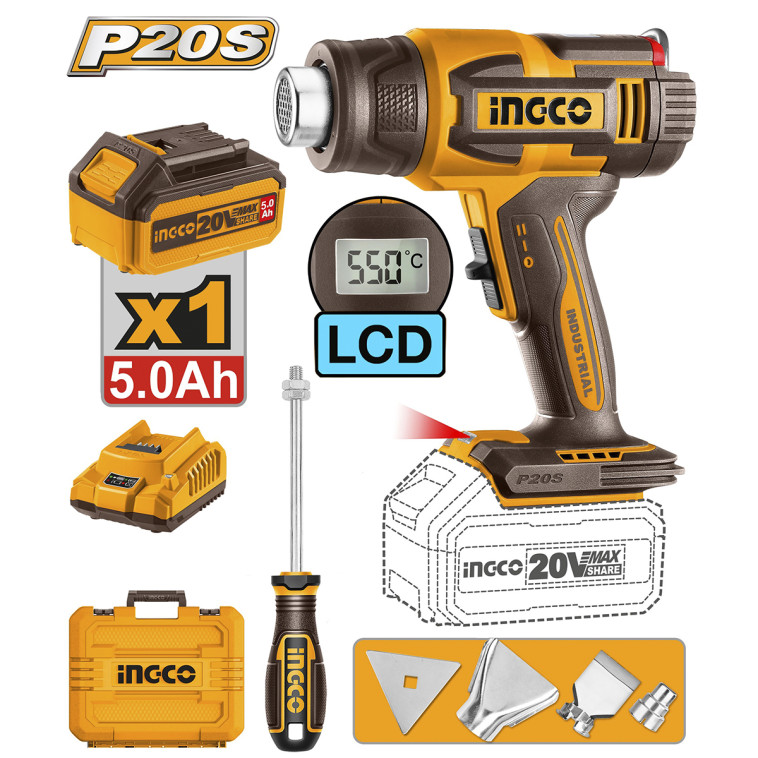 Фен аккумуляторный 20В INGCO HGLI20035 INDUSTRIAL