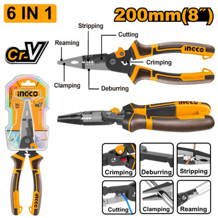 Длинногубцы  200мм многофункциональные 6 в 1  INGCO HMFLNP28200 INDUSTRIAL