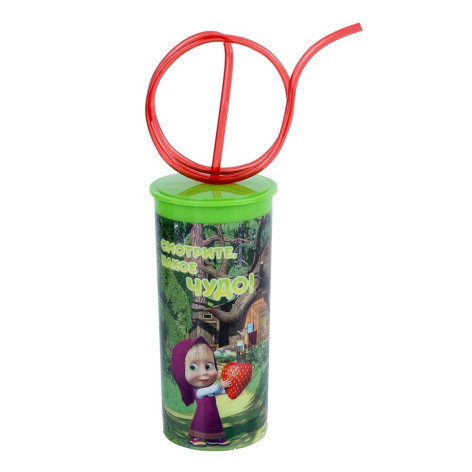 Бокал пластиковый детский 330 мл с крышкой и витой трубочкой МАША И МЕДВЕДЬ Мфк