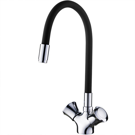 Смеситель для кухни двухвент. кран-букса гайка излив гибкий черный Хром Ledeme L4022-2