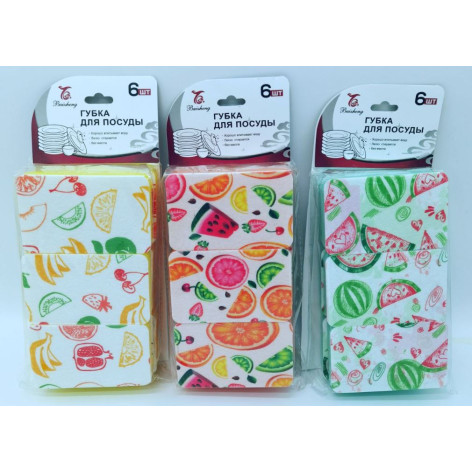 Губка поролоновая с фиброй для посуды 6 шт 11*7*2,5 см с рисунком микс Baizheng Губка поролоновая с фиброй для посуды 6 шт 11*7*2,5 см с рисунком микс Baizheng