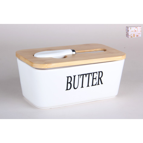 Масленка фарфоровая 17*9,5*8 см с ножом дерев крышка под упак Коралл