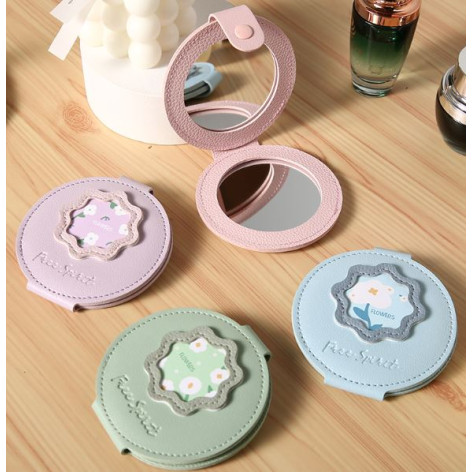 Зеркало складное 8,5 см двустороннеее круглое искусств кожа застежка в ассорти Baizheng