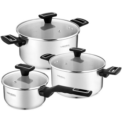 Набор посуды нерж сталь 6 пр 3 л 5,4 л ковш 1,6 л стекл крышка Velours noir Vensal Набор посуды нерж сталь 6 пр 3 л 5,4 л ковш 1,6 л стекл крышка Velours noir Vensal