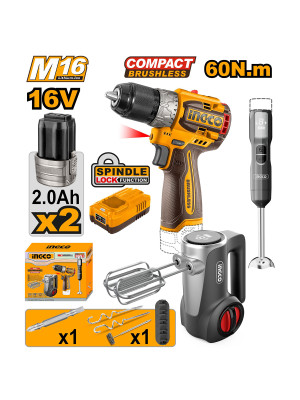 Набор шуруповерт 60 Нм + блендер + миксер 16В, 2 АКБ 2.0 Ah. З/У, CKLI1638 SUPER INGCO INDUSTRIAL