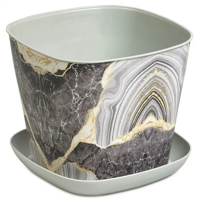 Кашпо пластиковое  1,3 л квадрат поддон светло-серый Мрамор Violet