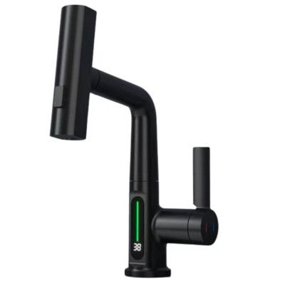 Смеситель DIKALAN для кухни с выс. поворот. выдвижн. изливом режим водопад LED латунь черный