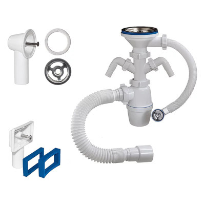 Сифон для мойки 3 1/2х40 бут. с двумя отводами, прямоуг/кругл пер. и гибк. трубой 40-40/50 ОРИО Сифон для мойки 3 1/2х40 бут. с двумя отводами, прямоуг/кругл пер. и гибк. трубой 40-40/50 ОРИО