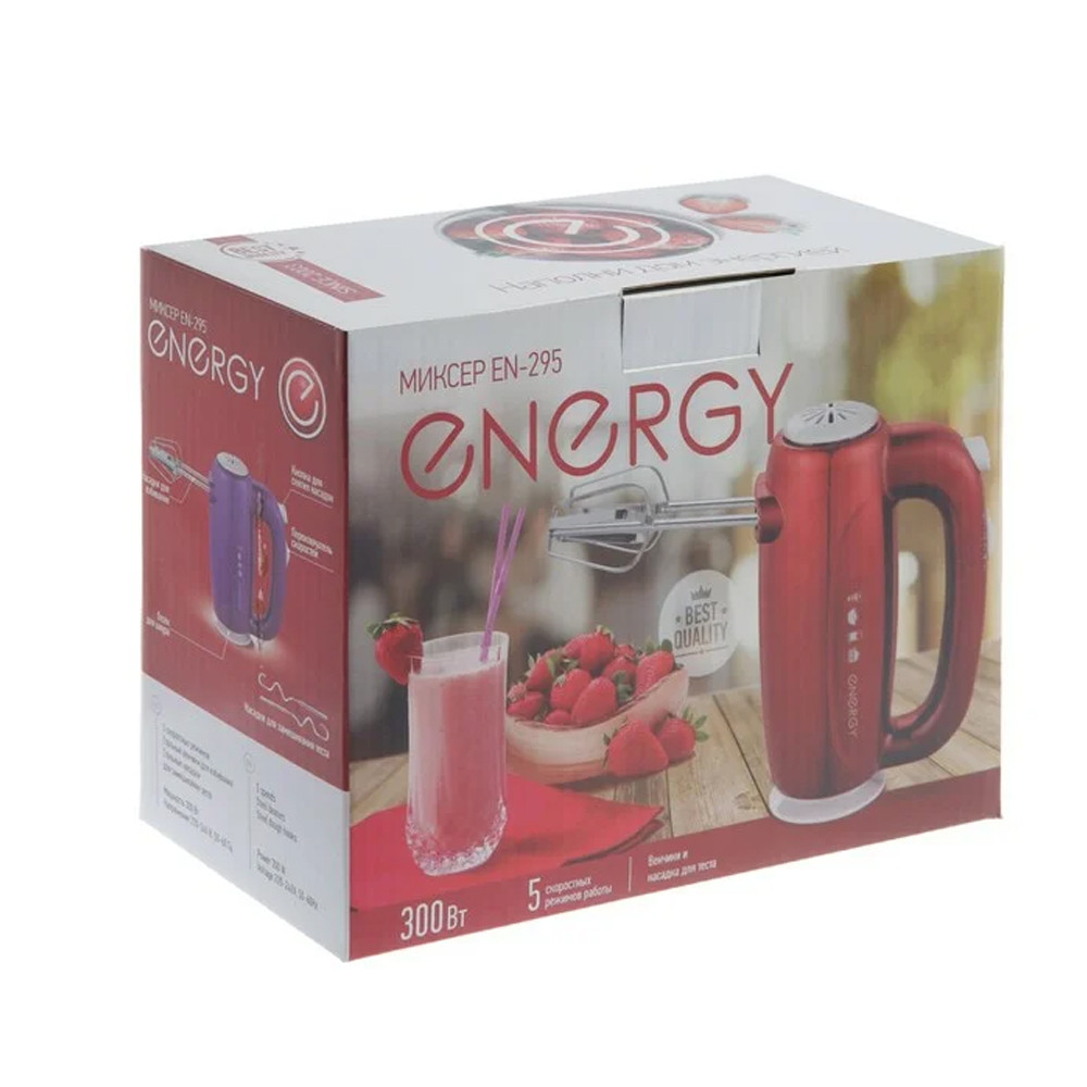 Миксер пластик 300 Вт 5 скоростей 4 насадки красный EN-295R Energy