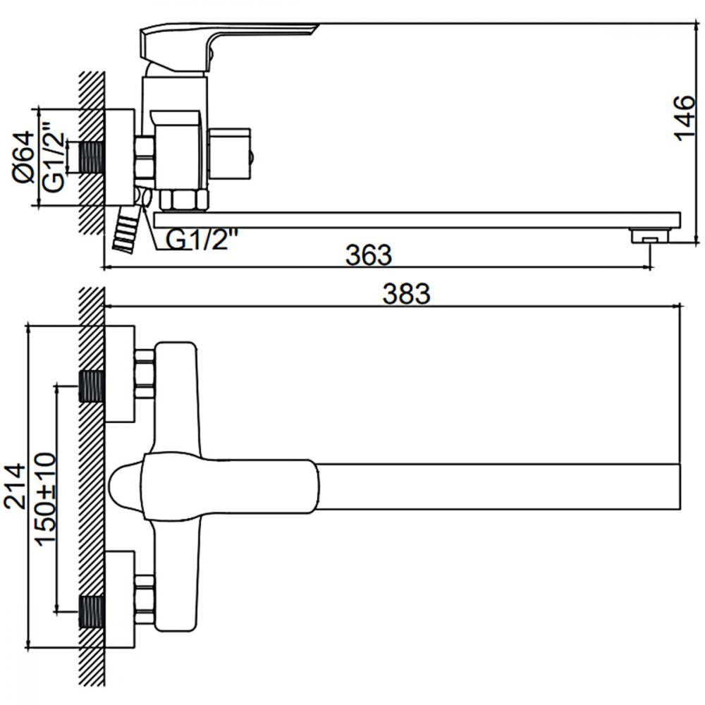 Смеситель для ванны однорыч. 35мм длин. излив дивертор в корп. Латунь Хром Ledeme L2258