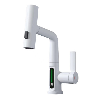 Смеситель DIKALAN для кухни с выс. поворот. выдвижн. изливом режим водопад LED латунь белый