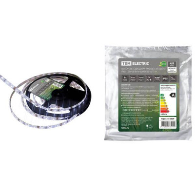 Лента светодиодная SMD2835-60 LED/м-IP65-12 В-4,8 Вт/м-6000 К (упак/5 м) TDM