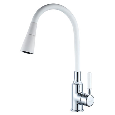 Смеситель для кухни однорыч. 35мм гайка излив гибкий Аэратор Латунь Белый Ledeme L4199-3