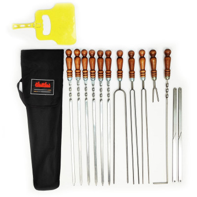 Набор шампуров нерж сталь 9 шт дерев ручка вилка кочерга мини-мангал опахало чехол черный Набор шампуров нерж сталь 9 шт дерев ручка вилка кочерга мини-мангал опахало чехол черный