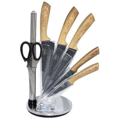 Нож нерж сталь 8 пр пласт ручка ножницы точилка подставка под дерево под упак Baizheng