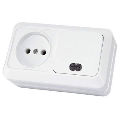 Блок комб. выкл. 1-кл. с подсветкой 10А + розетка 2П 10А 250В БКВР IP20 белый Блок комб. выкл. 1-кл. с подсветкой 10А + розетка 2П 10А 250В БКВР IP20 белый