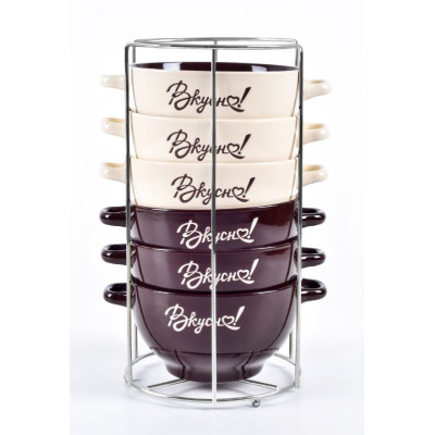 Набор керамический бульонниц 7 пр 650 мл металл подставка Вкусно Bonjart