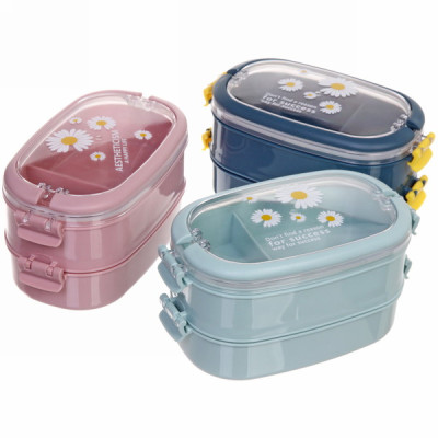 Ланч-бокс пластиковый 19,5*12,5*11,5см 3 отделения с ложкой и палочками РОМАШКА
