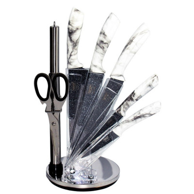 Нож нерж сталь 8 пр пласт ручка подставка под упак мрамор серый Bobssen Baizheng