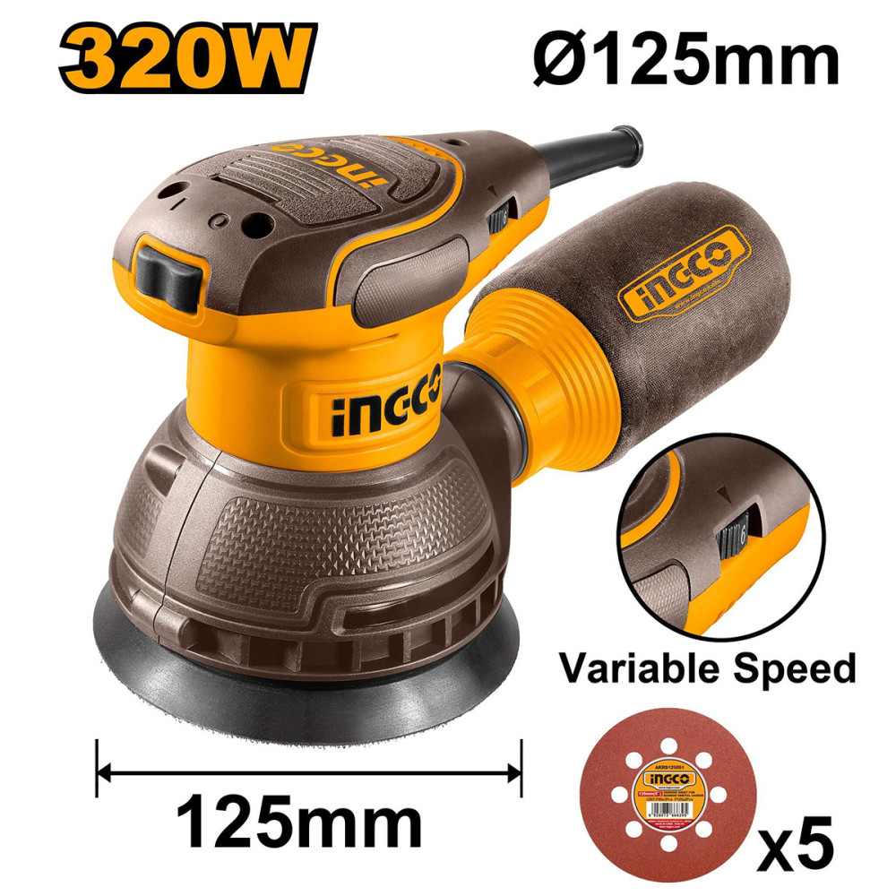 Эксцентриковая шлифовальная машина 320Вт 125мм рег.обор. SUPER INGCO RS3216 INDUSTRIAL