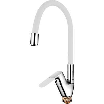 Смеситель для кухни однорыч. 35мм гайка излив силикон. белый Латунь Хром Ledeme L4153-3