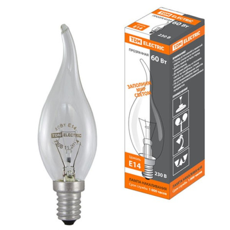 Лампа накаливания  Е14 60Вт Свеча на ветру прозрачная 230В TDM