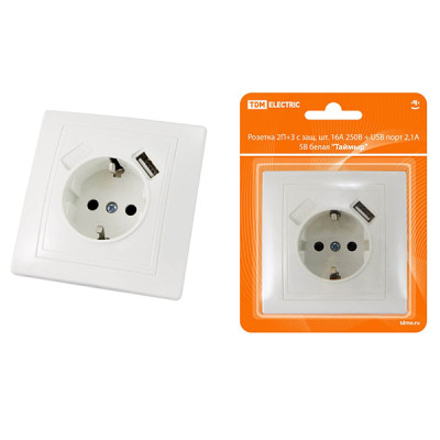Розетка 1 мест 2П+З с защ. шт. 16А 250В + USB порт 2,1А 5В белая Розетка 1 мест 2П+З с защ. шт. 16А 250В + USB порт 2,1А 5В белая