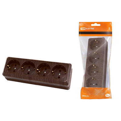 Розетка четырехместная горизонтальная 2П+З открытой установки IP20 16A бук Розетка четырехместная горизонтальная 2П+З открытой установки IP20 16A бук