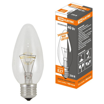 Лампа накаливания  Е27 40Вт Свеча прозрачная 230 В TDM