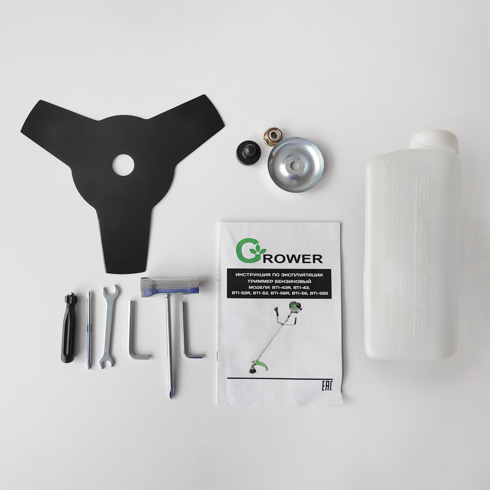 Бензотриммер Grower BTI-43R 2000 V-43см3 двухтактный двигатель 2,0кВт (нож 3Т + леска) штанга разборная