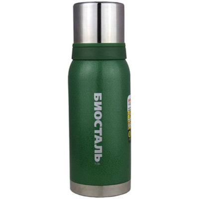 Термос Биосталь-Охота узкое, 2 чаши (150мл,200мл)  зелёный 1,0л