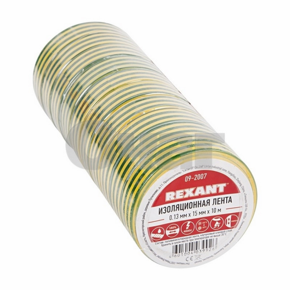 Изолента ПВХ 15мм х 10м, желто-зеленая REXANT
