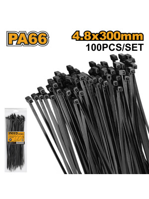 Стяжка нейлоновая черная 300*4,8 мм. 100 шт  INGCO HCTB30048