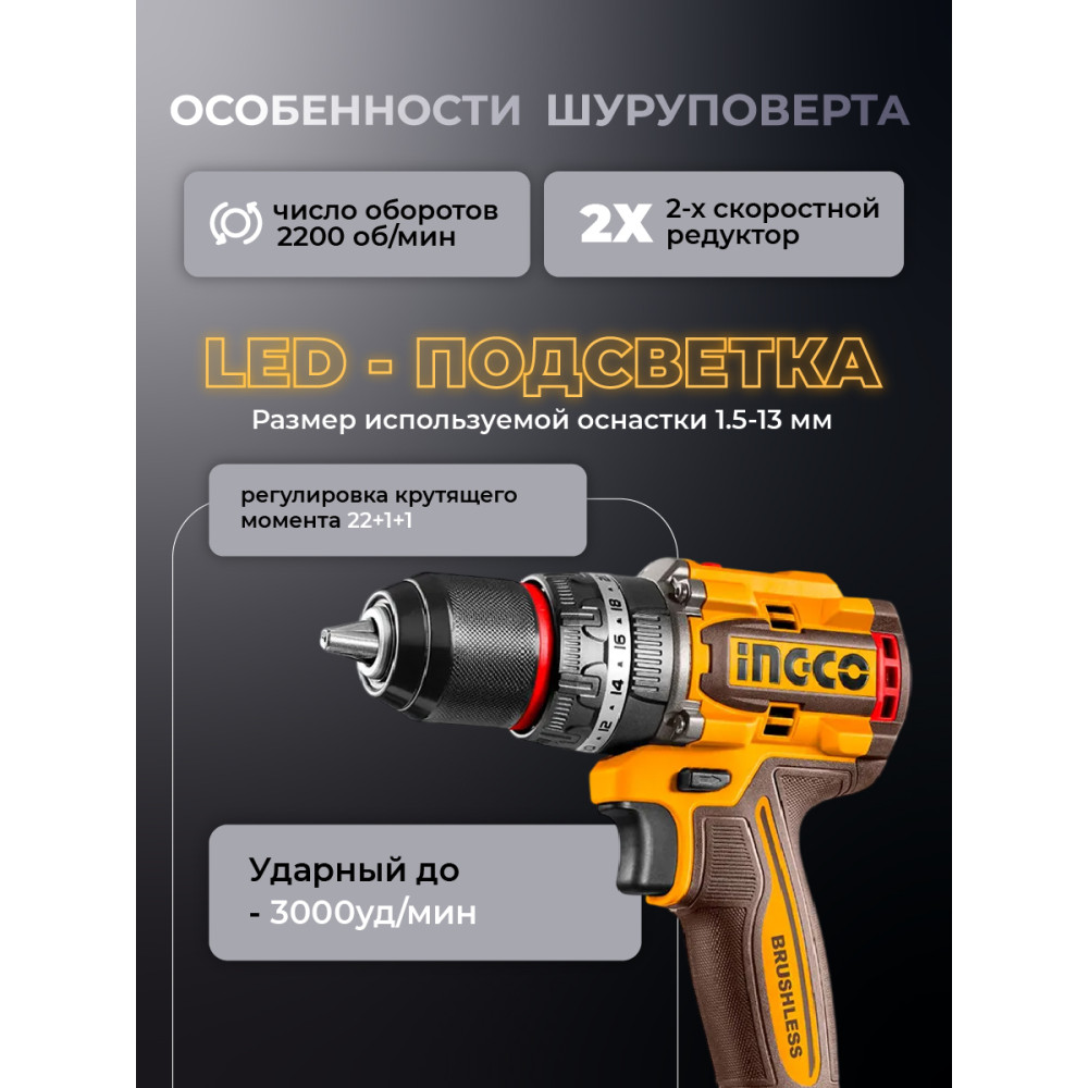 Шуруповерт INGCO CIDLI209681 ударный бесщеточный Li-ion 20В без АКБ и  З/У  96 Нм  INDUSTRIAL