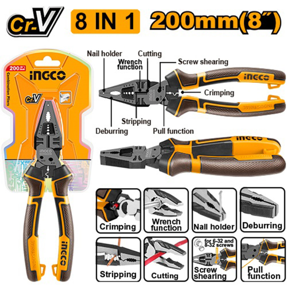Плоскогубцы  180 мм многофункциональные 8 в 1, INGCO HMFCP28200 INDUSTRIAL