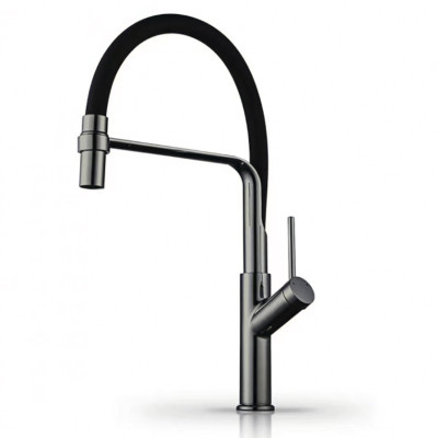 Смеситель DIKALAN для кухни однорыч высокий гибкий излив черный корпус Серый латунь (12) D40036-4