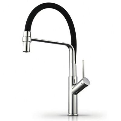 Смеситель DIKALAN для кухни однорыч высокий гибкий излив черный корпус Хром латунь (12) D40036