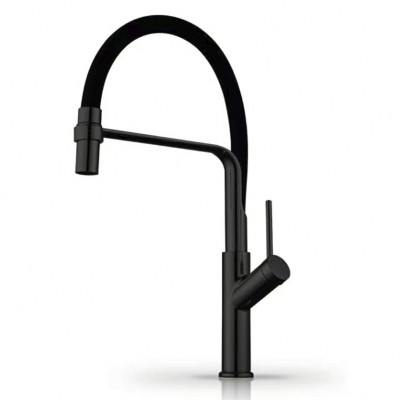 Смеситель DIKALAN для кухни однорыч высокий гибкий излив черный корпус Черный латунь (12) D40036-7