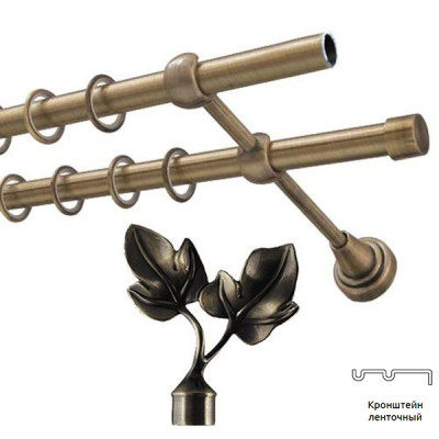 Карниз кованый двойной раздвижной 1,6-3,0м 16/19мм Лист антик золото Ле-Гранд